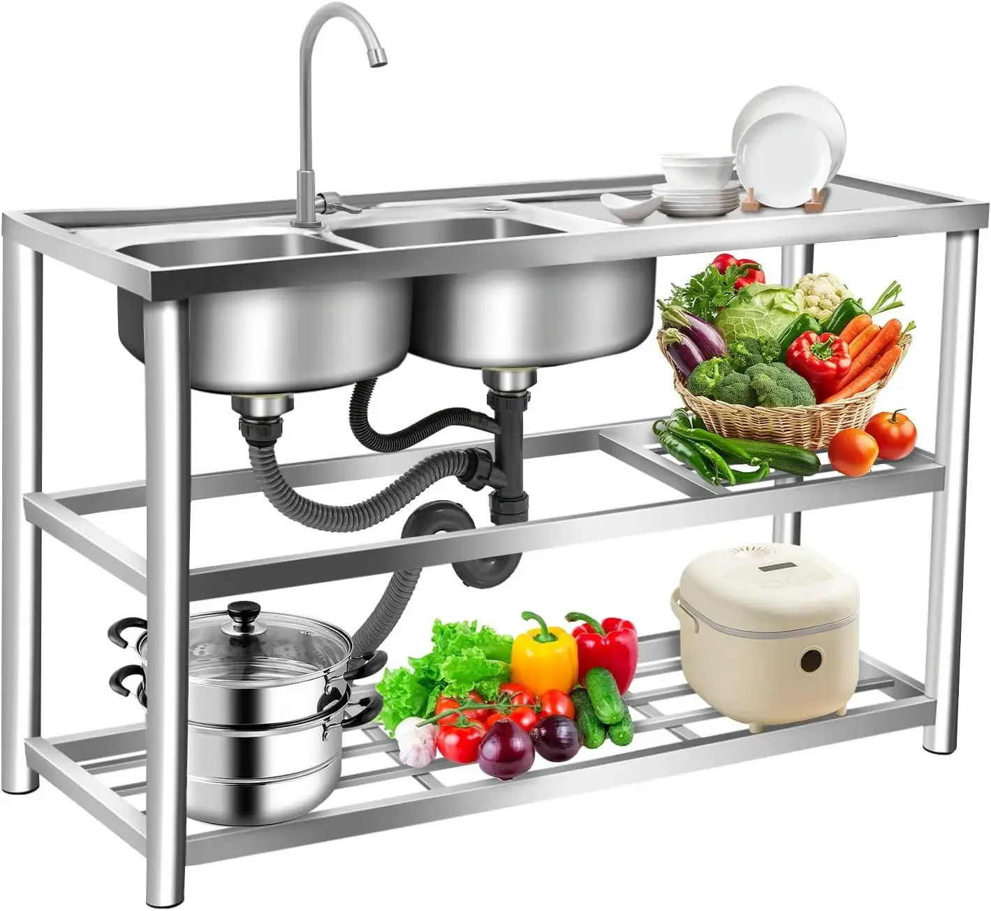 3 Tiers Freestanding Stainless Steel Sink, Double Bowl Commercial Restaurant Kitchen Sink Set Indoor Outdoor Kitchen Sink and Ca