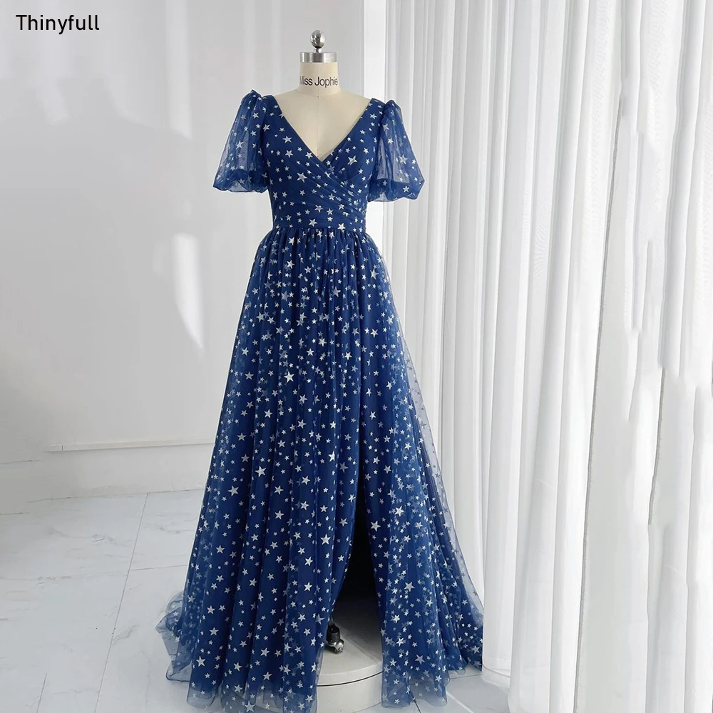 

Thinyfull Sparkly Starry Tulle Prom Dresses V-neck Short Sleeves Lace Up Evening Party Gowns Women Long Formal Occasion Dresses