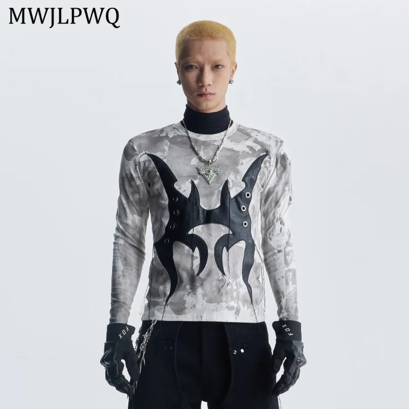 

MWJLPWQ Dark Functional Style Patchwork Leather T-Shirt Male High Street Tie-Dye Fringe Slim Long Sleeve Round Neck Tops 11633