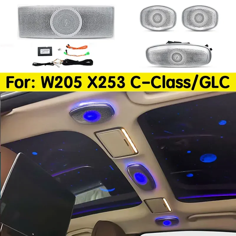 For Mercedes Benz W205 X253 C-Class GLC 3/12/64colors Auto LED Ambient Light Speaker Car Ceiling Rotating Tweeter Glasses Case