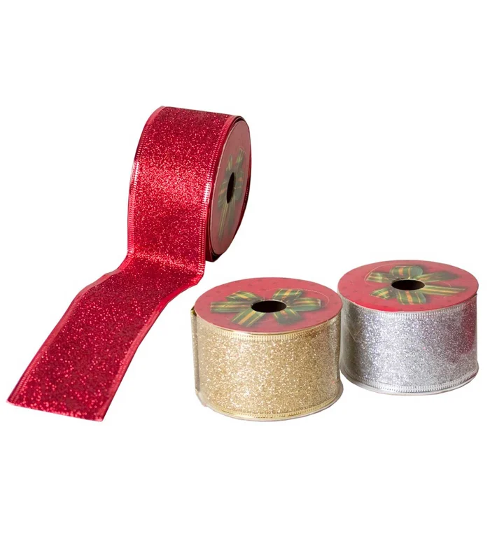 Tradineur 3 Pack Christmas Ribbons glitter Polyester glitter glitter Christmas Tree Decoration Gift Wrapping Ornaments DIY-5 cm x 2,7 m-Random Color