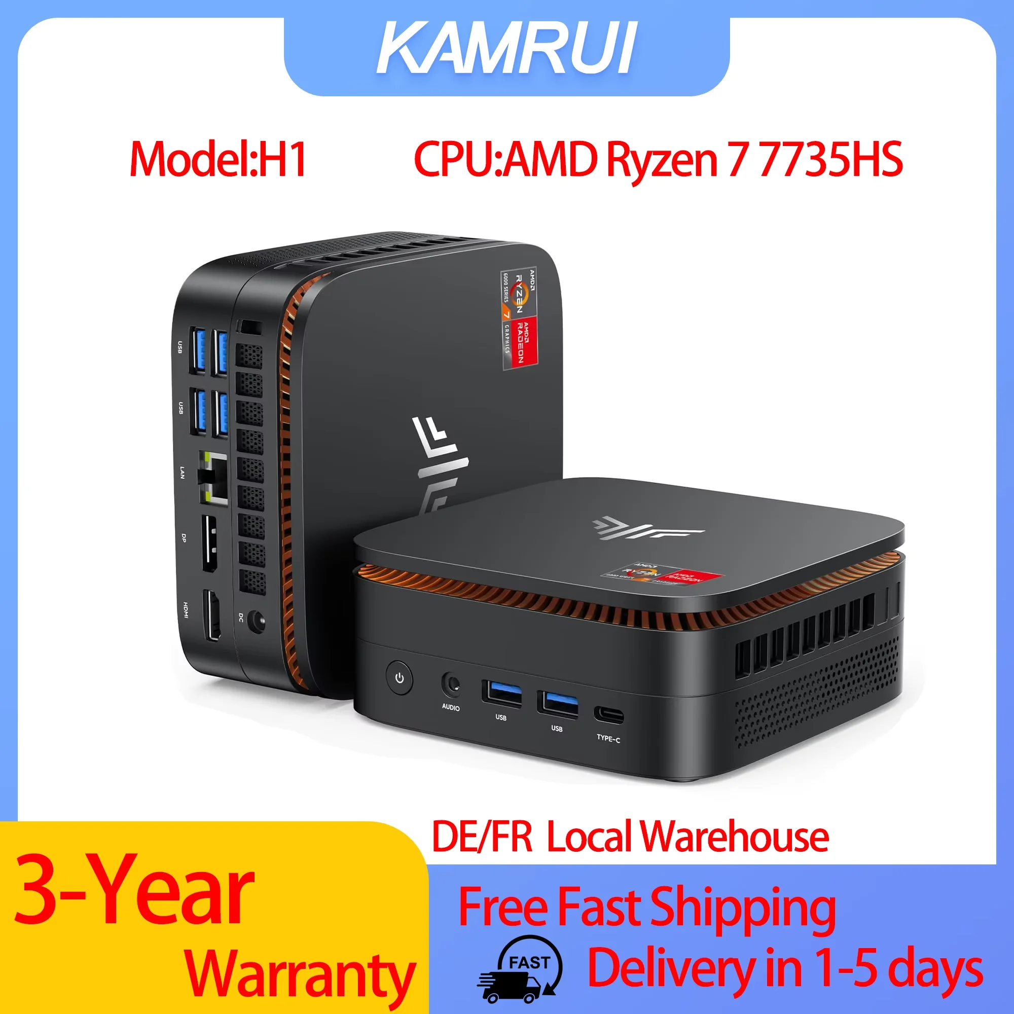 Mini PC de jeu KAMRUI H1 AMD Ryzen 7 7735HS, 24 Go de RAM LPDDR5, SSD 512 Go, triple écran 4K, WiFi 6, BT 5.2, mini ordinateur de bureau
