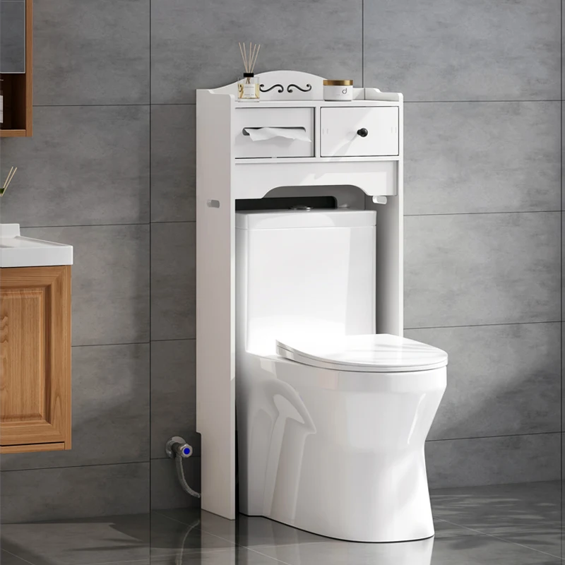 Bathroom corner against the wall narrow side cabinet toilet above the shelf storage cabinet floor waterproo