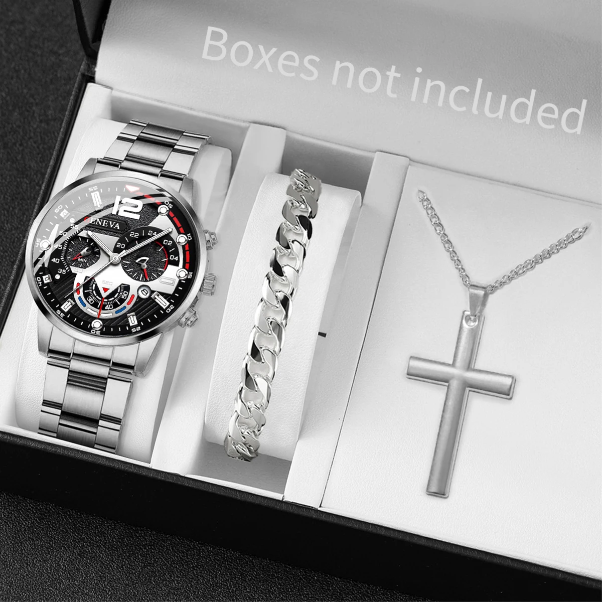 Fashion Men\'s Steel Business Quartz Watch Silver Color Jewelry Set（Box not Included）