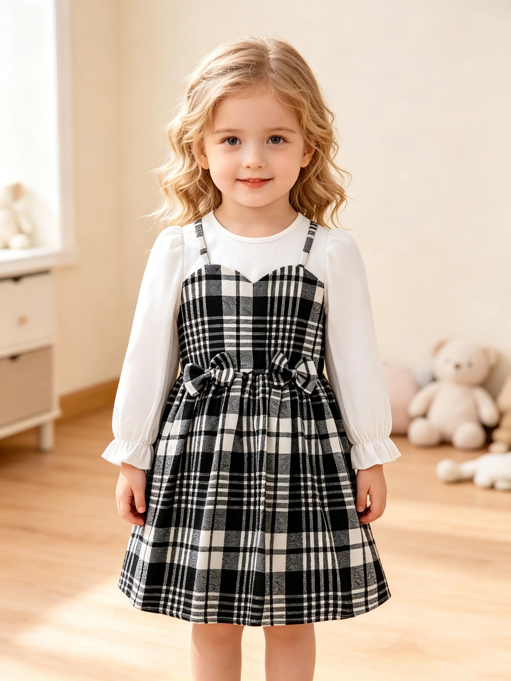 Girls Spring Autumn Plaid Two-Piece Black White Gingham Dress with Strap Vestidos Infantil Primavera Otoño Dos Piezas