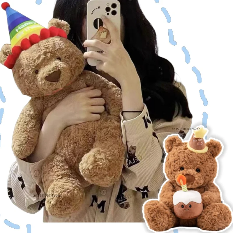 

Soft Cute Brown Cake Bear Plush Toy Stuffed Birthday Hat Curly Hair Bears Plushie for Boy Girl Present