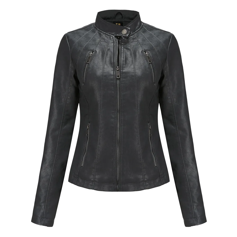 Abrigo de piel sintética con cremallera para Mujer, Chaqueta de motociclista, negro, rojo y marrón, otoño y primavera