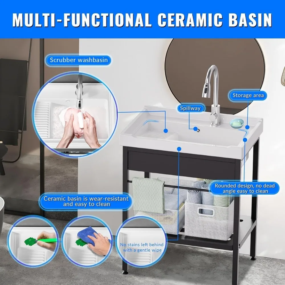 Freistehendes 28-Zoll-Keramik-Spülbecken mit Waschbrett, Kalt- und Warmwasserhahn, Schläuchen für Waschküche