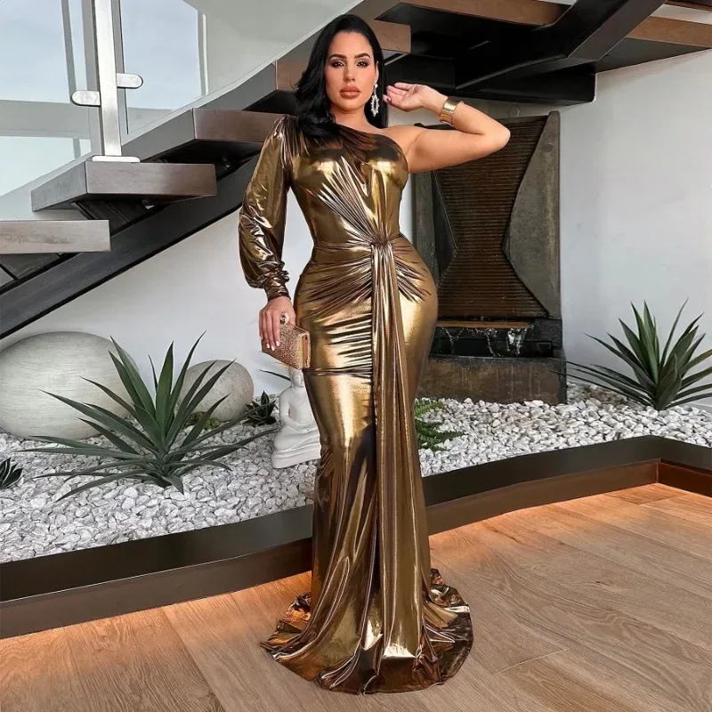 Women Elegant Sexy Metallic Gilding Ruched Ribbon Maxi Evening Party Dress One Shoulder Full Sleeve Bodycon Clubwear Long Robes