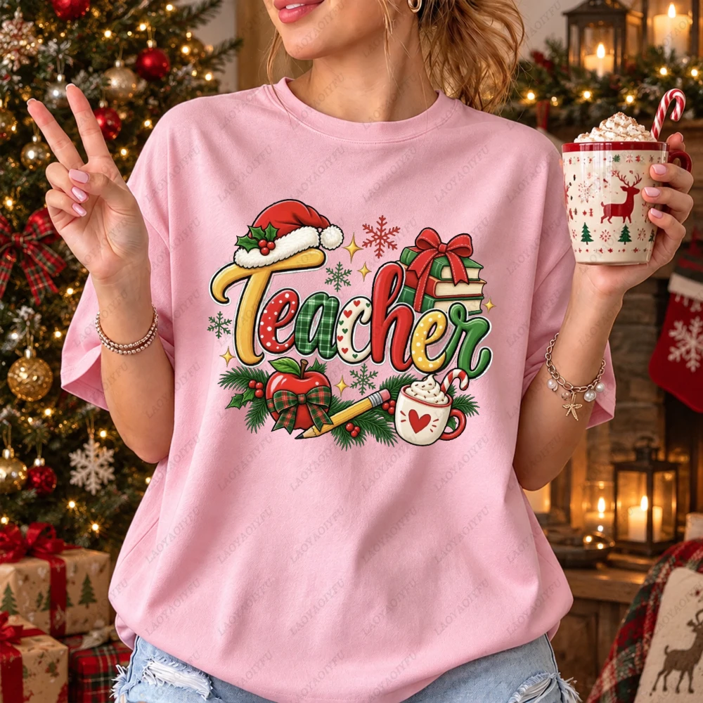 Santas Favorite Teacher Graphic T-Shirt Women Cotton Plaid Letter Gift Print Tee Short Sleeve School Casual Holiday Streetwear