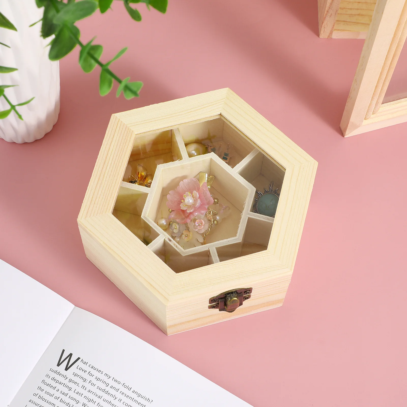 

1Pcs Handmade Hexagon Jewelry Box Wooden Durable Jewelry Storage Organizer Lightweight DIY Storage for Rings Earrings Necklaces