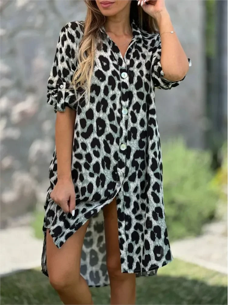새로운 우아한 여성 여름 레오파드 셔츠 드레스 봄 캐주얼 패션 느슨한 턴 다운 칼라 중반 송아지 스트레이트 롱 드레스