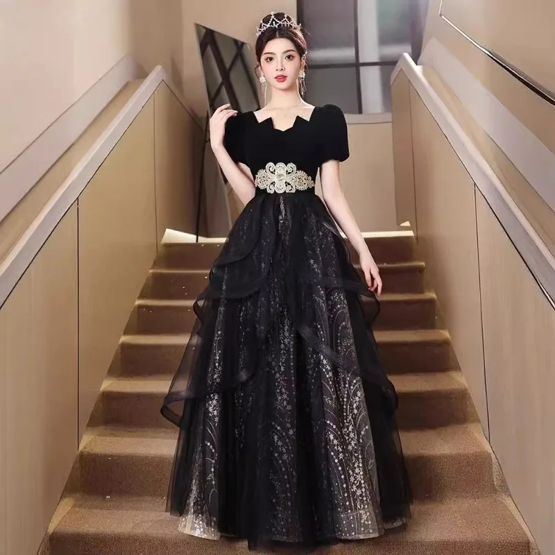 

Black Evening Dress Banquet Temperament High-End Affordable Luxury Niche High Sense Host Performance Costume Women's Paty Dress