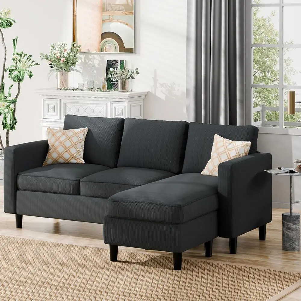 

Gray 3-Seater L-Shaped Sectional Sofa with Movable Ottoman for Small Spaces