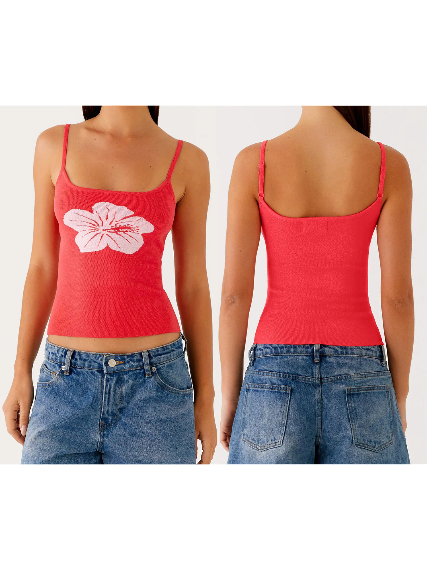 

Women s Sleeveless Knit Tank Top with Floral Print Spaghetti Straps and Fit - Stylish Summer Crop Camisole