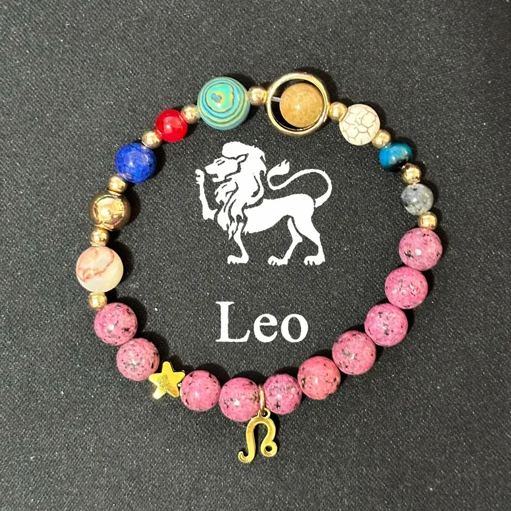 12 Zodiac Bracelets Natural Stone Pink Beaded Constellation Bracelets Women Good Luck Bracelet Couples Friendship Jewelry Gifts