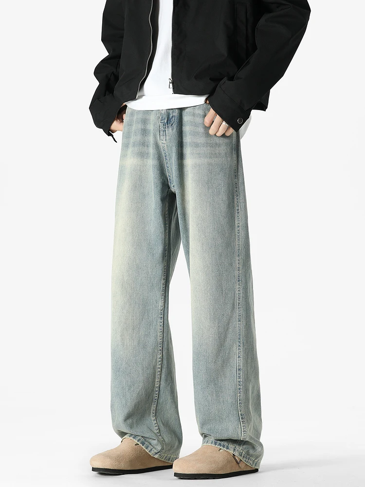 

Мужские джинсы Wukong: модные американские прямые джинсы с эффектом потертости, свободные широкие брюки в пол, универсальные повседневные штаны