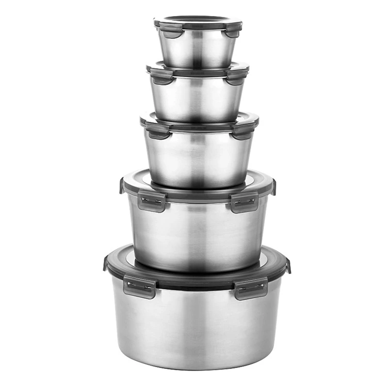 

5Pcs Round Stainless Steel Refrigerator Food Storage Box Kitchen Microwave Heating Sealed Fresh-Keeping Box