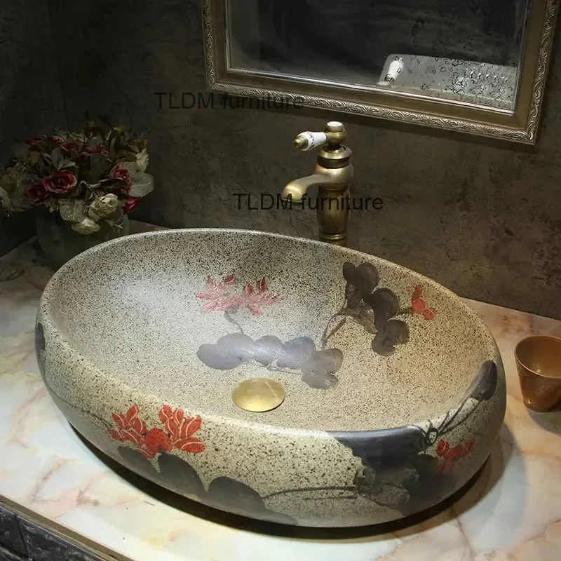 

Retro Ceramic Bathroom Sinks Chinese-style Art Oval Washbasin Household Countertop Basin Outdoor Balcony Creative Single Basin