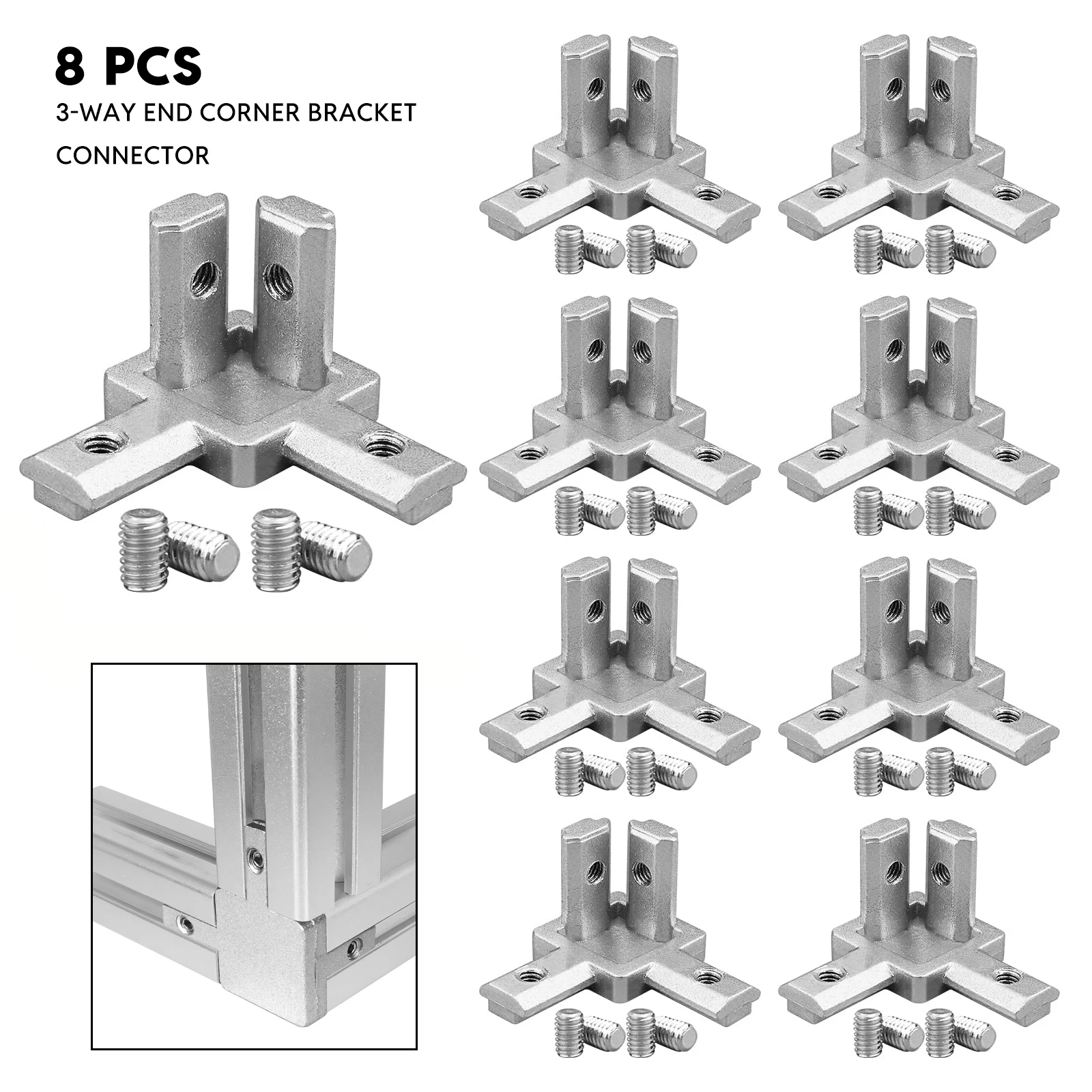 ข้อต่อ 3 ทาง 8 ชิ้น สำหรับโปรไฟล์อะลูมิเนียมมาตรฐานยุโรป รุ่น 2020 3030 1515 พร้อมสกรู