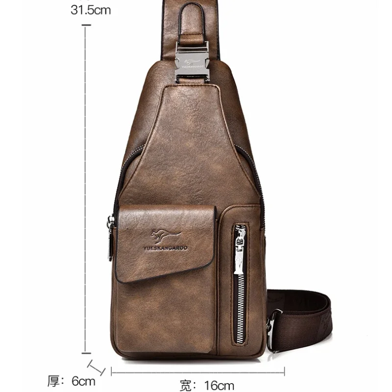 Kangaroo Brand Men\'s Chest Bag Fashion Pu Leather Sling Male Crossbody Bags Business Designer Shoulder Cross Bag for Husband