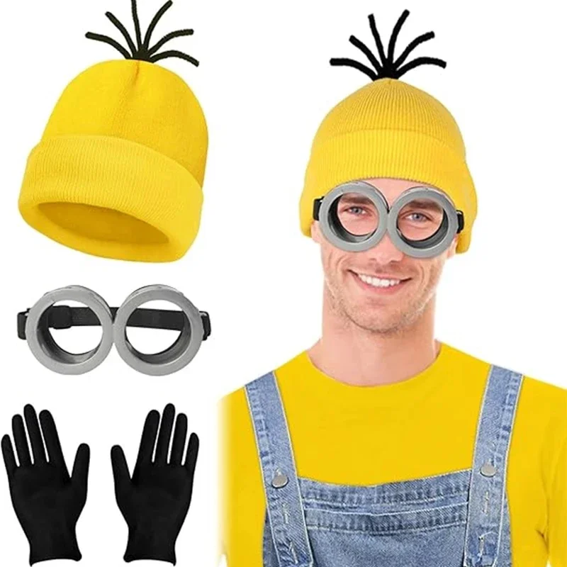 Anime Despicable Me Minions Cosplay Costume Yellow Beanie Stretchy Gloves Steampunk Goggles Halloween Costumes for Adult and Kid