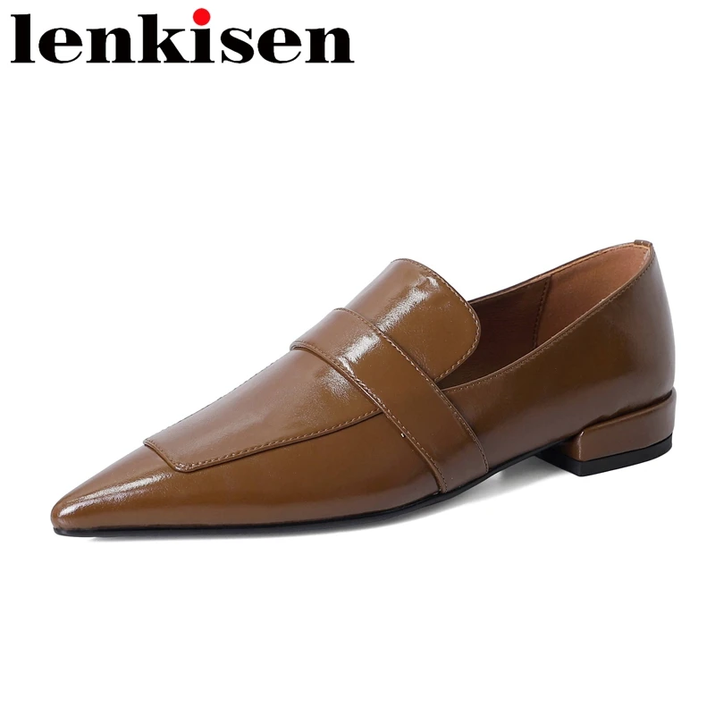 

Lenkisen New Full Grain Leather Pointed Toe Low Heels Spring Shoes Basic Causal Neutral Western Office Lady Slip on Brand Flats