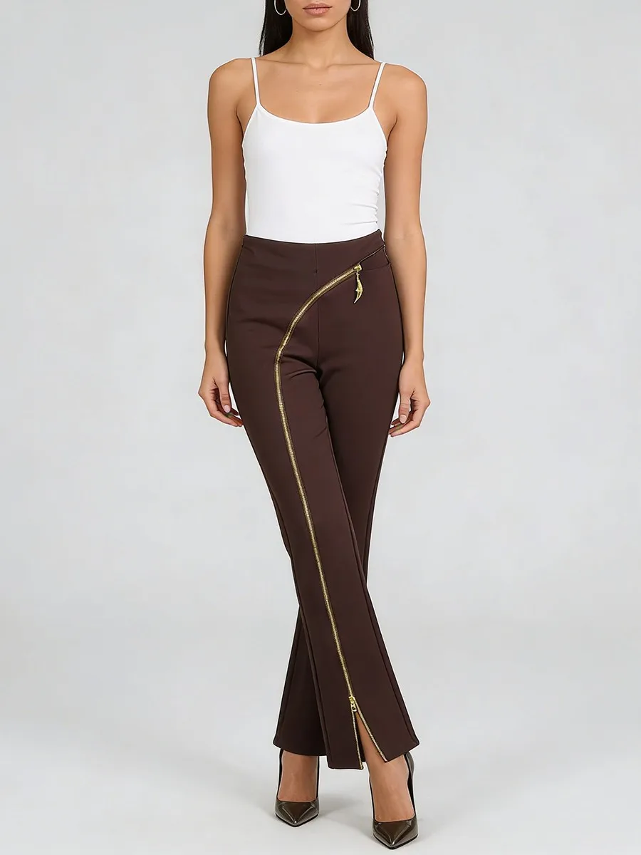 Metal Zipper Design Micro Flare Pants for Women Spring High Waist Aesthetic Bootcut Pant Female Slim Trousers Streetwear 2026