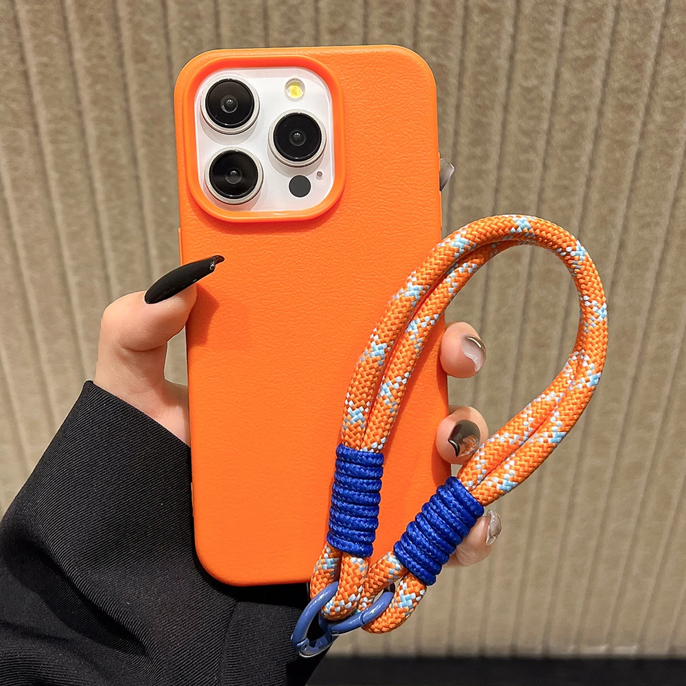 Cute Leather Texture With Lanyard Soft Phone Case For iPhone 15 17 Pro 14 Plus 16 13 11 12 Pro Max Candy Color Wrist Strap Cover
