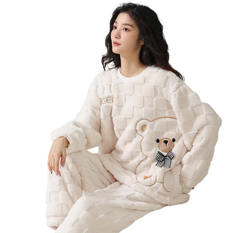 INS Japan Bear  Autumn Winter Warm Flannel Women Pyjamas Sets Thick Coral Velvet Soild Fleece Sleepwear Casual Flannel Homewear images - 6