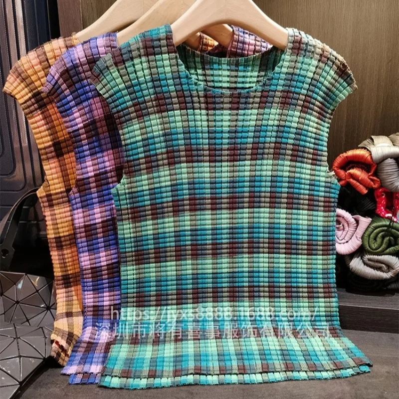 

Miyake Color Collision клетчатая плиссированная майка без рукавов с круглым вырезом, новые универсальные топы в стиле ретро, футболка, женские различные наряды