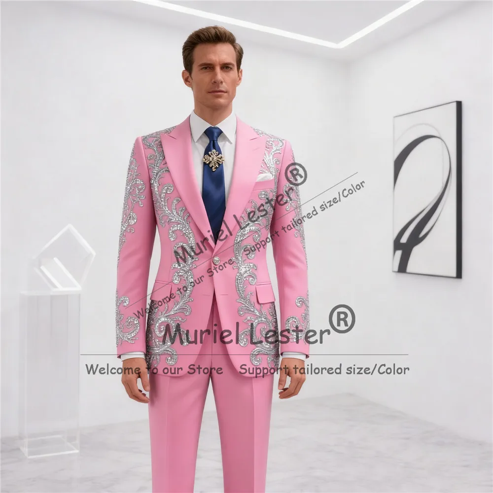 

Элегантный розовый свадебный костюм-смокинг для мужчин, комплект из 2 предметов, однобортный пиджак для жениха с кристаллами и бисером, индивидуальные trajes para hombre