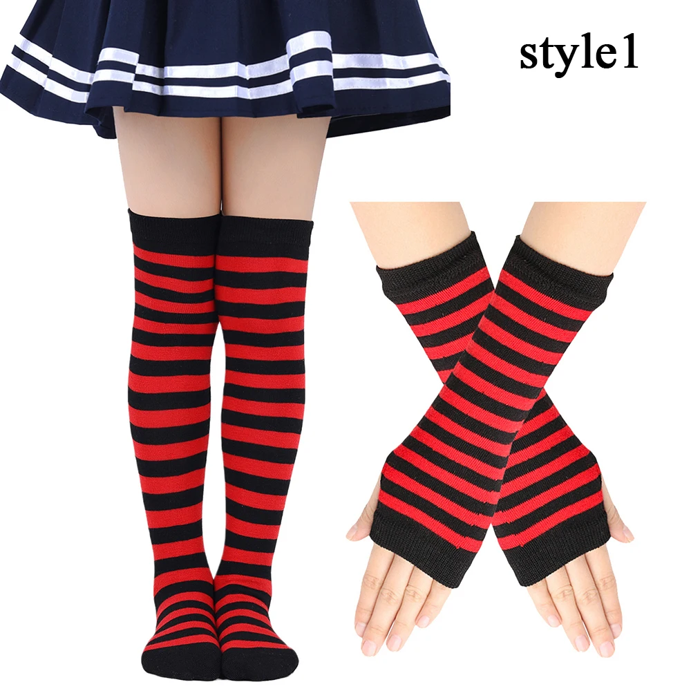 

1 Set Women Gothic Punk Over Knee Long Stripe Socks Arm Sleeve Gloves for Girl Thigh High Cotton Socks Sweet Cute Christmas Gift