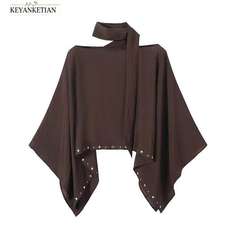 KEYANKETIAN Dark Brown Off Shoulder Cape Top Detachable Neck Tie Rivet Trim Irregular Flowy Batwing Sleeve Casual Wrap Blouse