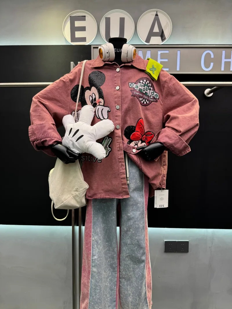 Autumn New Heavy Craft Unique Design Embroidered Cartoon Top Shirt Jacket Loose Age-Reducing Sweet Single-Breasted Blouse Ladies