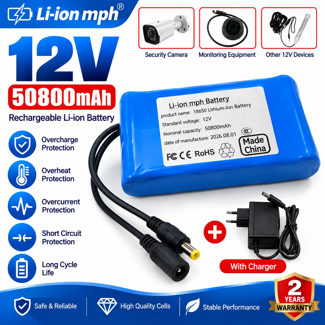 Image of EU-Lagerbestand Schneller Versand Neuer 12V 50800mAh 5.8Ah 3S2P 18650 Li-Ionen-Akku Große Kapazität Eingebautes BMS Wiederaufladbarer Akku für Notstromversorgung von kleinen elektronischen Geräten