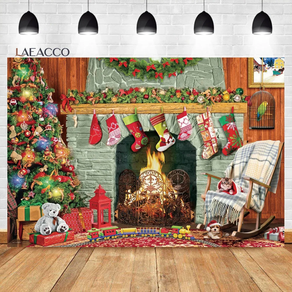 

Laeacco Christmas Fireplace Photo Backdrop Interior Xmas Tree Stockings Gifts Pets Newborn Kids Portrait Photography Background