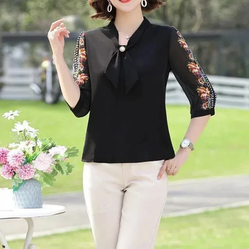 Women's Clothing 2024 Middle Aged Mom Summer Set Fashionshort Pullovers Sleeve Blouse Middle Aged and Elderly Spring Clothes Sui