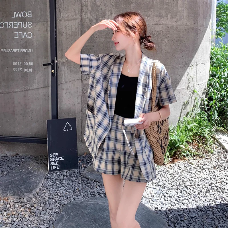 2025 NEW Women Sets Summer Thin Suit Coat +shorts Two-piece Set Korean Style Checkered Loose Jacket Fashionable Casual Suit