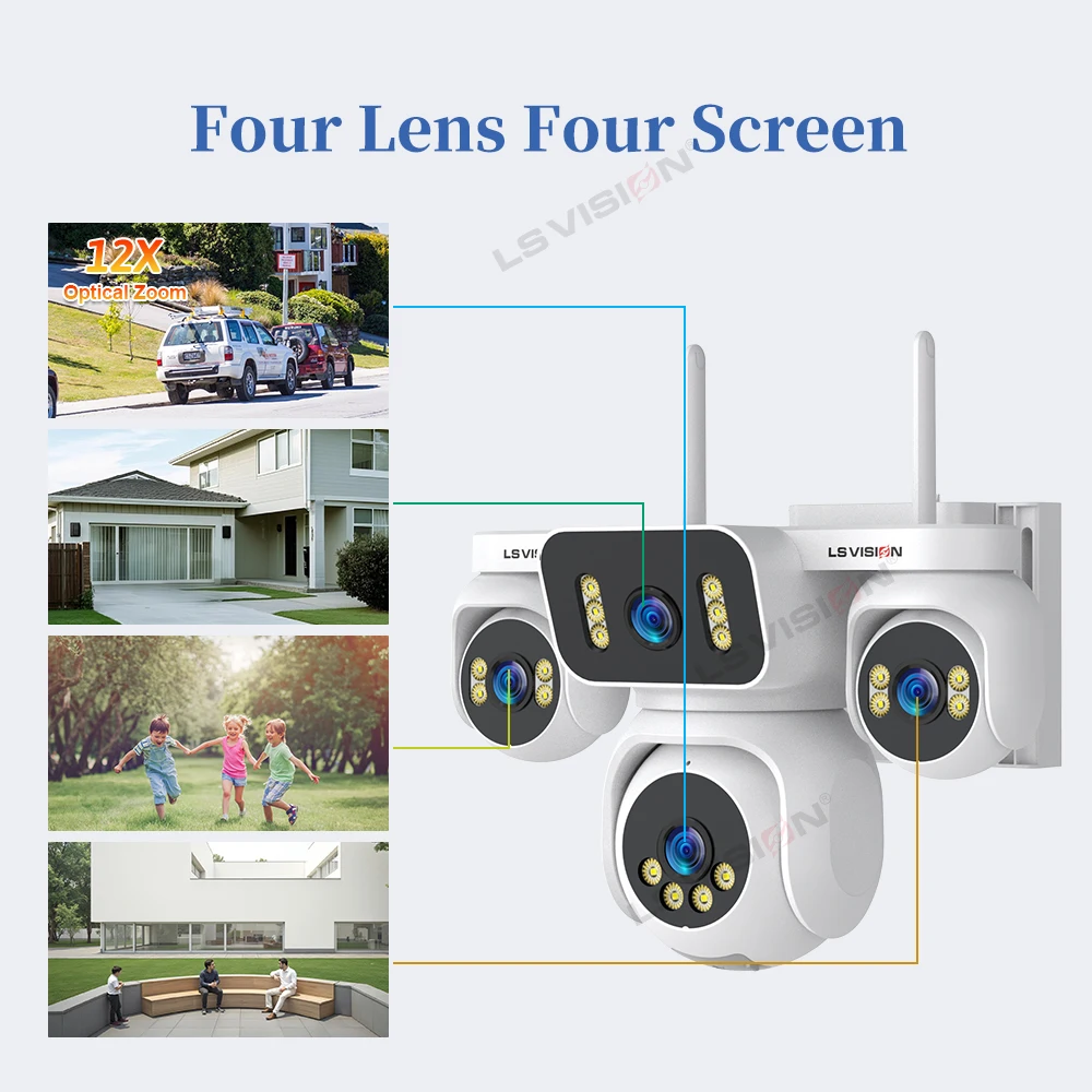 LS VISION Four Screens AOV 4G Cloud SIM Solar Camera Outdoor 4-Lens PTZ 12X Zoom 24/7 Video Recording Surveillance Cctv Cameras