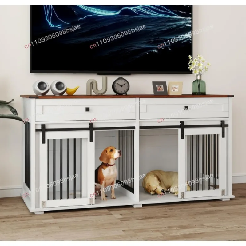 63 Wood Modern Double Dog Cage Furniture Kennel with 2 Drawers, Baffle, Sliding Door, Living Room Side Table