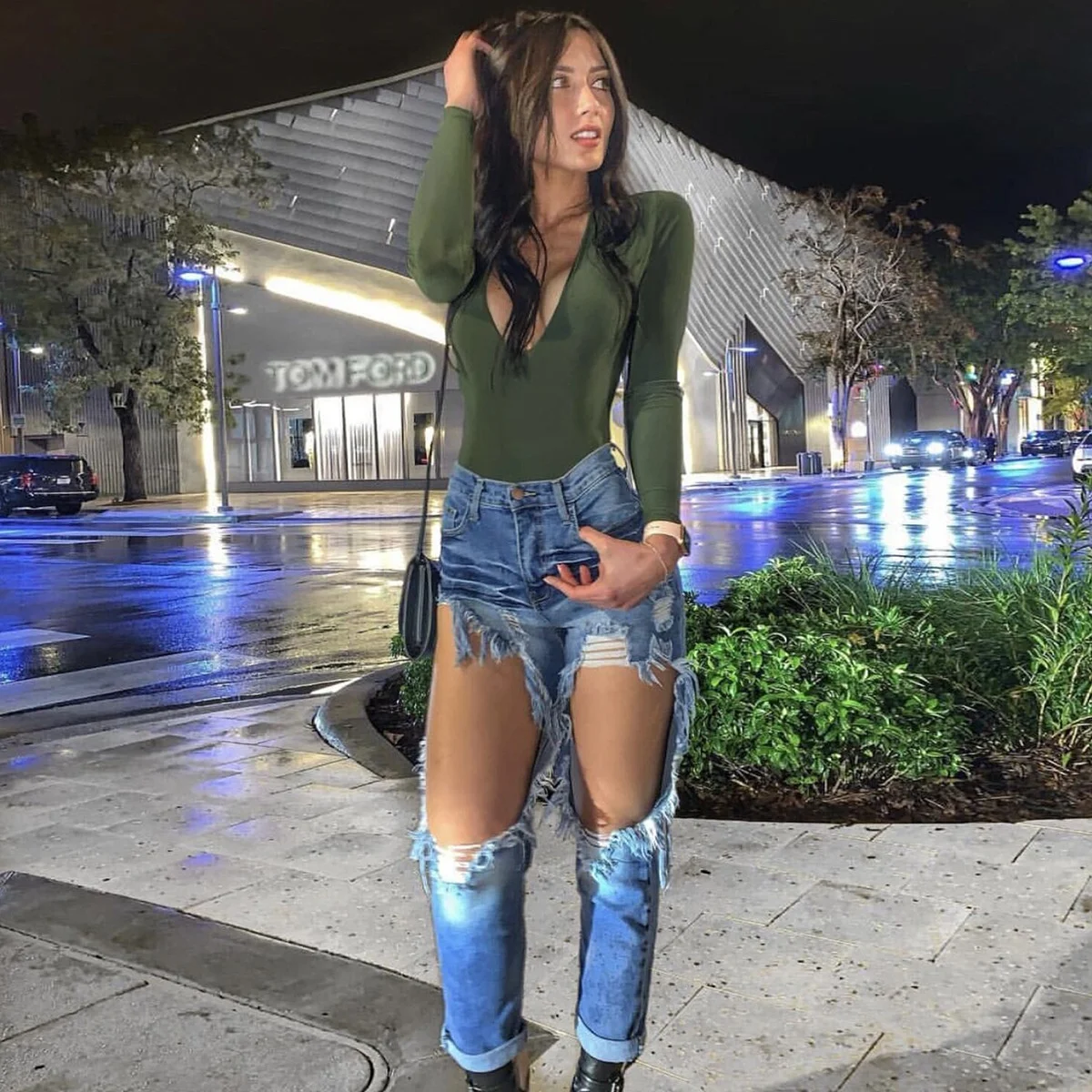 

Sexy V-Ne Long Sve Jumpsuit New plus Size Women's Dr Commute Sle Five-Quarter Length Pants Mid-Waist Design