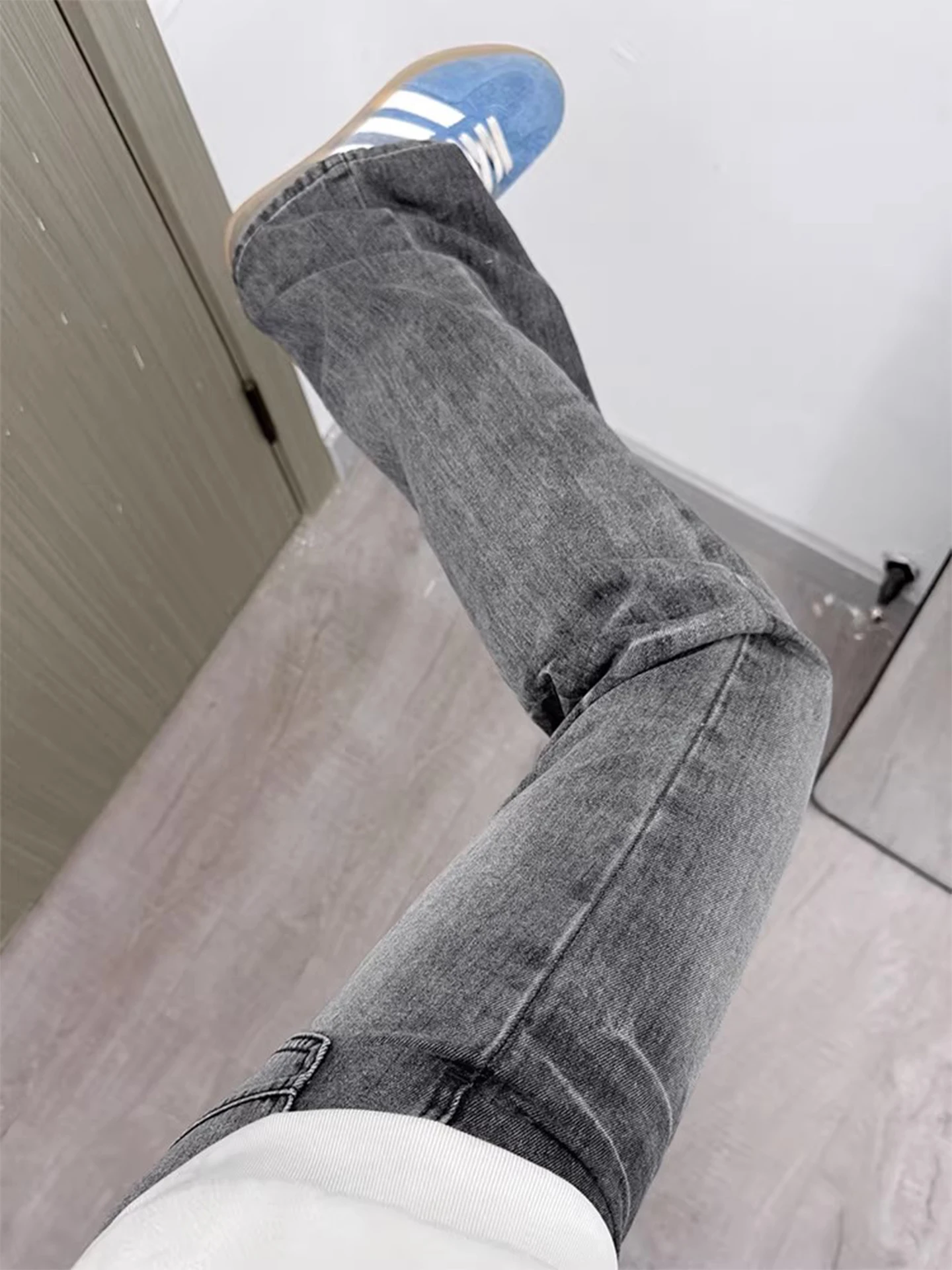 

Bla Waed Lightning Pattern Bent Knife Jeans Men's American High Street Vibe Straight Leg Pants CleanFit Flared Pants
