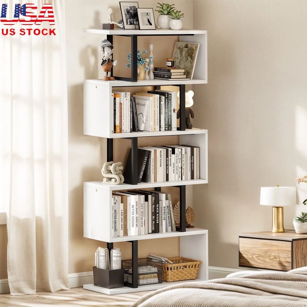 

S-Shaped 6-Tier Wooden Bookshelf Geometric Display Rack Freestanding Storage Organizer Modern Home Office Furniture