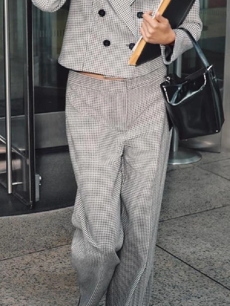Ensemble de costume décontracté taille haute pour femmes, classique à carreaux ort Jaet et pantalon à jambes larges, tenue longue Sve Faion, ensemble deux pièces