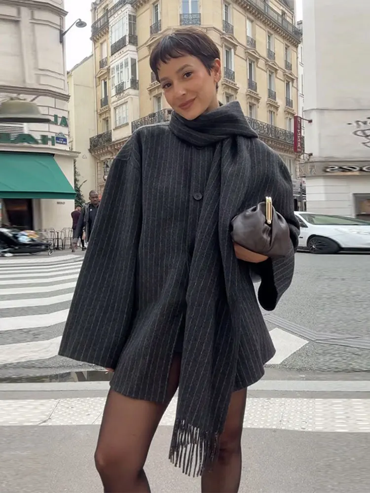 Chaqueta de traje a rayas con bufanda para mujer, abrigo elegante de manga larga con botonadura única, moda Popular, prendas de vestir de otoño, 2024