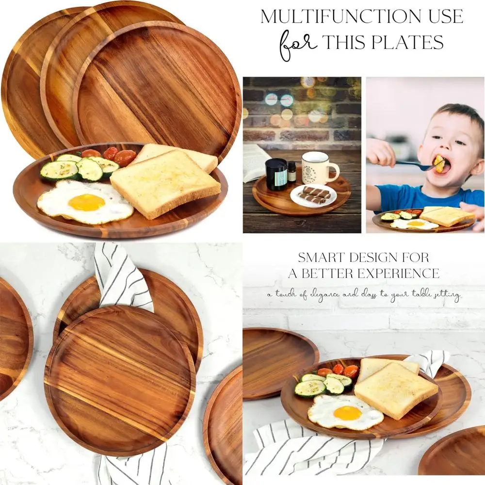 

wooden plates (set of 4-11inch) dinner plates, acacia round wood plates, unbreakable classic plates, easy cleaning & lightweigh