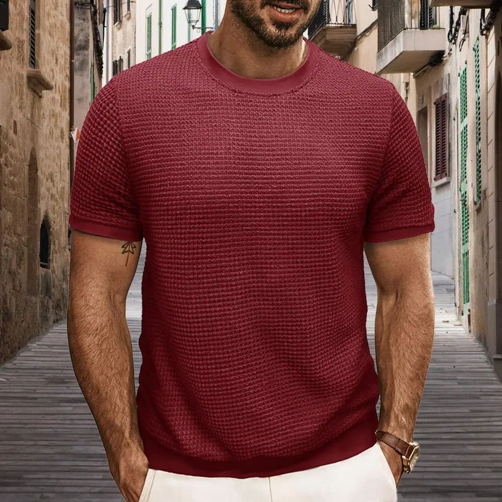 

Men Summer Tops Men's Slim Fit Ribbed Elastic T-shirt Solid Color Knitted Top for Wear Short Sleeves Round Neck Pullover Men