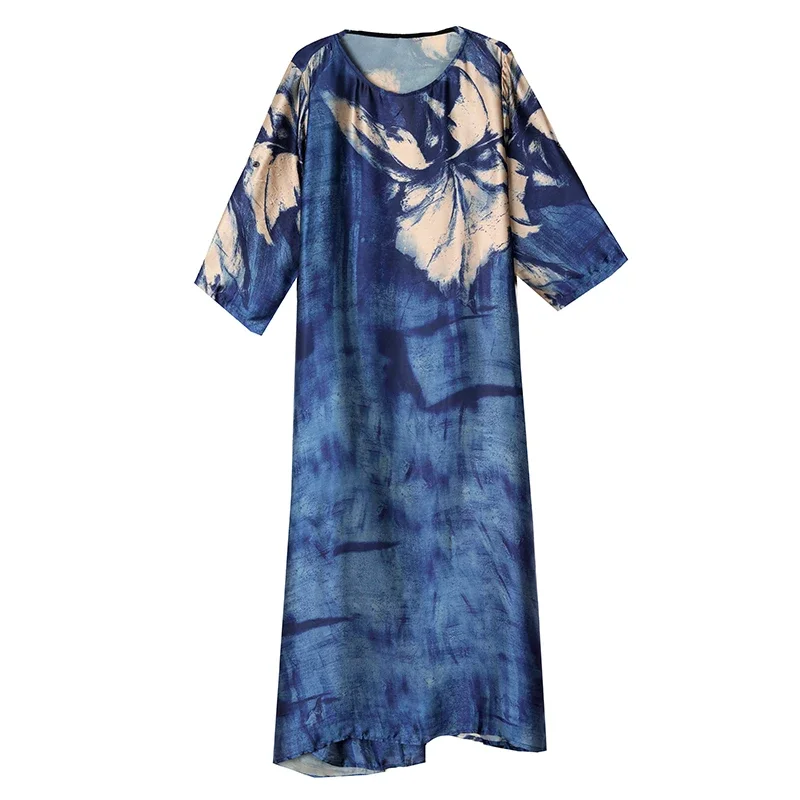 ヴィンテージプリントブルーシルクサテン高品質ドレスエレガントな女性のボディコン Vestidos 夏カジュアルプラスサイズミディドレス JJ15