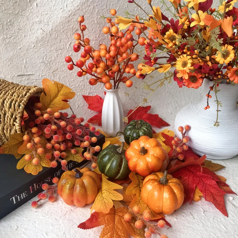 100pcs Autumn Harvest Decor Set - Orange & Red Artificial Berry Stems,Plastic Faux Pumpkins,Maple Leaves for Thanksgiving,Hallow